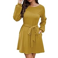 Ladies Round Neck Long Sleeve Dress Solid Color Waist Tie Pocket Casual Dress Casual Skirts for Women 2024