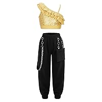 Girls 2Pcs Shiny Dance Outfits with Ruffle Single-Shoulder Crop Tank Top Cargo Pants Set Hip Hop Jazz Clothes Suit
