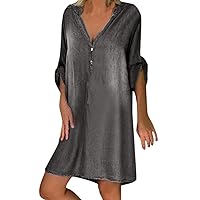 Thin Denim Stand Collar Half Sleeve High-Low Dress for Women Summer Casual Baggy Fashion Jean Knee T-Shirt Dresses