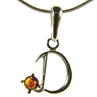BALTIC AMBER AND STERLING SILVER 925 ALPHABET LETTER D PENDANT NECKLACE - 10 12 14 16 18 20 22 24 26 28 30 32 34 36 38 40