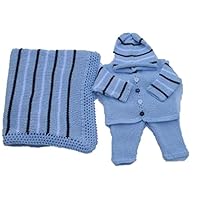 Knitted Crochet Finished Blue Chenille Cardigan Pant Hat Set and Large Blanket