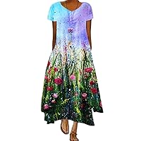 Women's Floral Maxi Dress Fake Two-Piece Irregular Hem Summer Flowy Long Shirt Dress with Pockets for Vacation