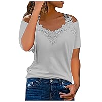 DASAYO 2023 Summer Shirts for Women Solid Lace Splice V Cold Shoulder Tshirt Tops Dressy Casual Comfy Trendy Shirt Blouses