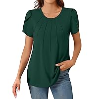 Women's Plus Size Tops Round Neck Short Sleeved Pleated Solid Color Short Top 3/4 Sleeve Tops, S-3XL
