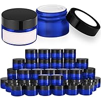 1 oz Blue Glass Jars with Lids, 48 pack Clear Small Jars with Black Lids, White Labels & Inner Liners, Empty Round Cosmetic Containers for Cream, Lotion
