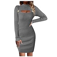 Women Casual Sexy Knit Sweater Long Sleeve Cut Out Front Bodycon Dress Turtle Neck Fall Sweatshirt Loose Dress