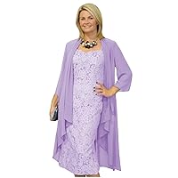 Women's Tea Length Mother of The Bride Dress Chiffon 2 Pieces Lace with Jacket Lavender