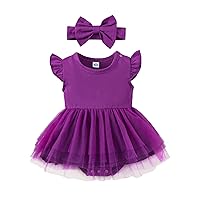 Magic Park Infant Tulle Dress Baby Girl Ruffle Sleeve Romper Dress Solid Color Tutu Skirt with Headband Holidays Clothes