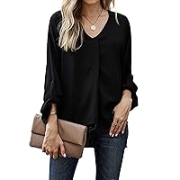 GRASWE Womens V Neck 3/4 Sleeve Shirts Business Casual Solid Tops Loose Work Blouses