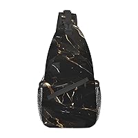 Sling Backpack,Travel Hiking Daypack Black Gold Marble Print Rope Crossbody Shoulder Bag