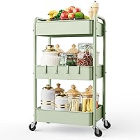 LEHOM 3 Tier Rolling Storage Cart, Metal Trolley Utility Cart with Wheels & Hooks, Easy Assembly Organizer Storage Cart for Bathroom Kitchen Office Bedroom (Green)