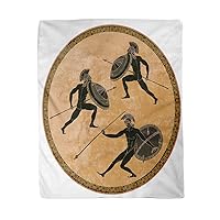 50x60 Inches Flannel Throw Blanket Ancient Greek Soldiers Black Figure Pottery Greece Mural Painting Home Decorative Warm Cozy Soft Blanket for Couch Sofa Bed