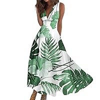 Maxi Dresses for Women 2024,Women's Floral Print V-Neck Sleeveless Long Boho Floral Priny Sundresses