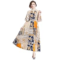 Summer Vintage Print Beading Stand Mock Neck Belt Half Sleeve Women Ladies Casual Party Vacation Midi Long Pleated Dresses