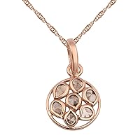 0.50 CTW Natural Rose Cut Champagne Diamond Geometric Round Post Pendant 925 Sterling Silver Rose Gold Plated