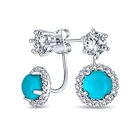Simulated Pearl or Turquoise Cubic Zirconia Round Halo CZ Front Back Ear Jacket Stud Earrings For Women Silver Plated