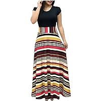Casual Summer Dresses for Women Vintage Striped Print Short Sleeve Maxi Dresses Ladies Slim A Line Swing Long Dress
