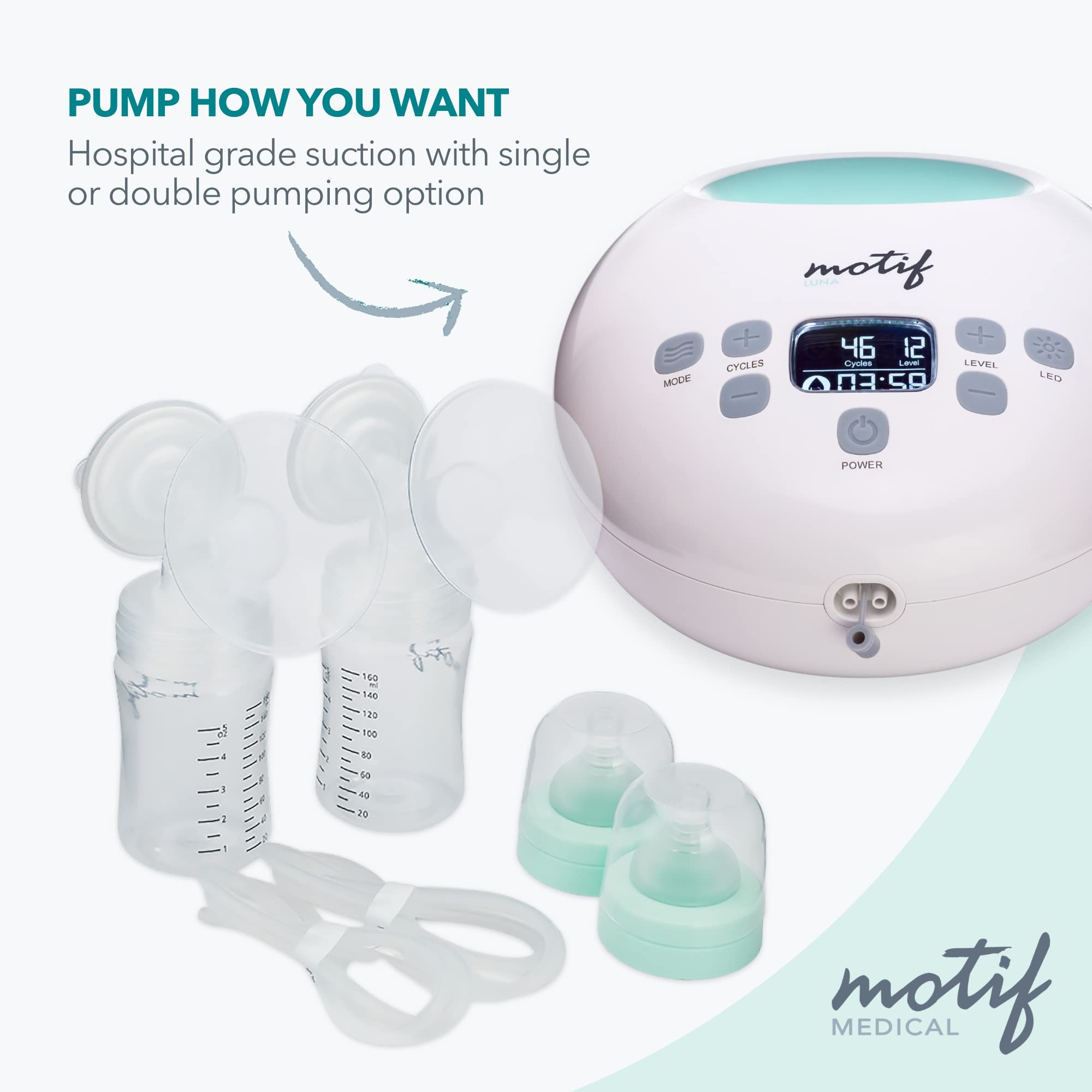Motif Medical Luna Double Electric Breast Pump - Easy to Use, Quiet Motor, Built-in LED Night Light - Outlet Required