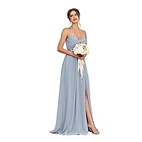 Women's V Neck Chiffon Bridesmaid Dresses with Pockets Long Ruched A Line Formal Dress with Slit Mk001