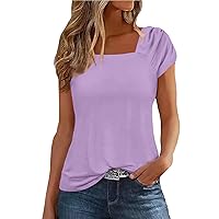 Womens Casual Summer Tops Ruched Tops for Women 2024 Solid Color Simple Versatile Loose Fit Casual with Short Sleeve Square Neck Shirts Purple Medium