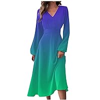 Dresses for Women Fall Winter Casual Fashion V-Neck Long Sleeve Solid Color Long Dress
