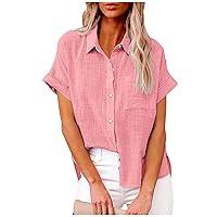 Plus Size Women Basic Cotton Linen Button Down Shirts Cuffed Short Sleeve Lapel Split Side Loose Solid Color Blouses