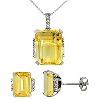 Silver City Jewelry 10K White Gold 0.05 cttw Diamond Natural Citrine Octagon 8x6mm Earrings & 16x12mm Pendant Set
