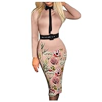 Women's Dresses Ladies High Neck Sexy Fashion Tight-Fitting Bag Hip Long-Sleeved Long Dress with Belt