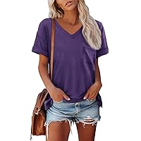 Short Sleeve Shirts for Women,Womens Tops V Neck Curled Sleeves Solid Color Loose Fit Shirts 2024 Summer Fashion Basic Tunic Chest Pocket Blouse Sweatshirt