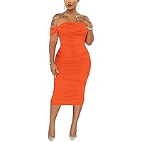 Women's Sexy Off Shoulder Sleeveless Bodycon Ruched Midi Elegant Cocktail Evening Party Night Tube Dresses