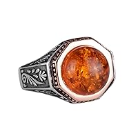 925 Sterling Silver Men Ring, Amber Created Stone Ring For Men