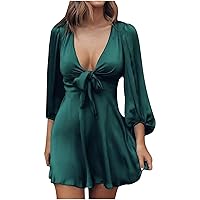 Women's Bohemian Short Sleeve Knee Length Beach Round Neck Trendy Dress Casual Summer Swing Solid Color Flowy