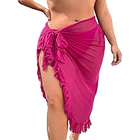 GORGLITTER Women's Plus Size Mesh Sheer Ruffle Trim Cover Up Skirt See Through Tie Side Wrap Skirt Swimwear