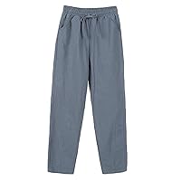 Andongnywell Womens Casual Cotton Linen Straight Leg Pants Loose Drawstring Elastic Waist Harem Pant with Pockets