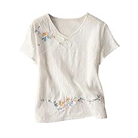 Cotton Linen Tops for Women Loose Fit Boho Embroidery Flower Half Short Sleeve Casual Summer Elegant Blouse Plus Size