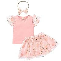 Viworld Toddler Baby Girl Skirt Set Ruffle Sleeve T-Shirt Tulle Skirt with Headband 3Pcs Tutu Dress Summer Party Outfits Set