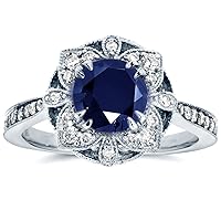 Kobelli Antique Style Floral Sapphire and Diamond Engagement Ring 1 1/2 Carat (ctw) in 14k White Gold