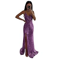 Sequin Mermaid Prom Dresses Long Sparkly Spaghetti Straps Corset Formal Evening Party Gowns with Slit