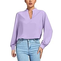 Long Sleeve Dressy Tops for Women Notch V Neck Blouses Solid Loose Plain Tunic Ladies Work Business T Shirt Top
