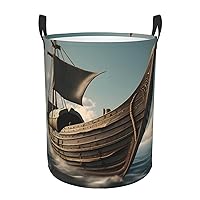 Old Viking Boat Round waterproof laundry basket,foldable storage basket,laundry Hampers with handle,suitable toy storage