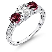 Gem Stone King 2.32 Ct Oval White Created Sapphire Red Rhodolite Garnet 925 Sterling Silver Ring