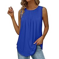 Women's Tank Tops Sleeveless Tunic Pleated Crewneck Blouses Summer Dressy Casual Loose Curved Hem Flowy T Shirts
