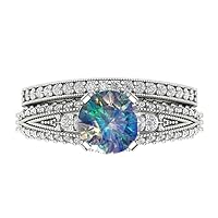 Clara Pucci 2.15 ct Round Cut Solitaire with Accent Blue Moissanite Bridal Wedding Statement Ring Band set 14k White Gold