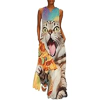 Cat Eating Pizza Women's Summer Sleeveless Long Dress V-Neck Ankle Maxi Dresses with Pockets