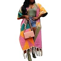 KANSOON Long Cardigans for Women Trendy Knit Sweater Color Block Fringes Open Front 3/4 Sleeve Maxi Tassels Coats