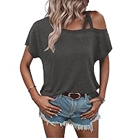 Chvity Womens Criss-Cross One Shoulder Tops Casual Short Sleeve Cold Shoulder Solid Loose Fit Summer Tops Tees