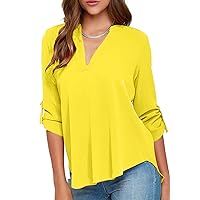 EFOFEI Womens Long Cuffed Sleeve Notch V Neck Chiffon Solid Color Tops Blouse