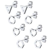 Earrings Sets for Men, 3-12Pairs Stainless Steel Earrings Pack, Classic Design Bar/Hexagon/Geometric/Round Stud Earring Punk Ear Piercing Studs (2-12mm, Black/Silver/Gold Color)