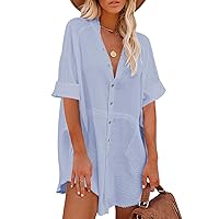 Pink Queen Women V Neck Shirt Oversize Casual Short Sleeve Button Down Blouse Mini Dress with Pockets Blue S