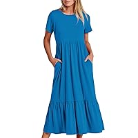 Clothing Try Before You Buy Women Crewneck Neck Dress Short Sleeve Summer Dresses Tiered Ruffle Swing T-Shirt Dress Casual Mid-Calf Sundress Eyelet Dress Light Blue